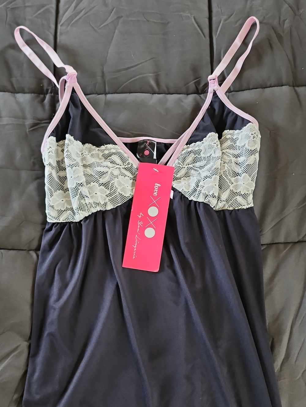 Love Navy Chemise with Cream Lace and Pink Straps